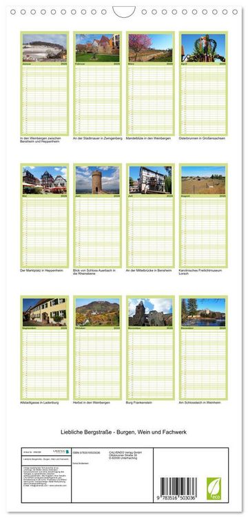 Produktbild: Familienplaner 2026 - Liebliche Bergstra&szlig;e - Burgen, Wein und Fachwerk mit 5 Spalten (Wandkalender, 21 x 45 cm) CALVENDO