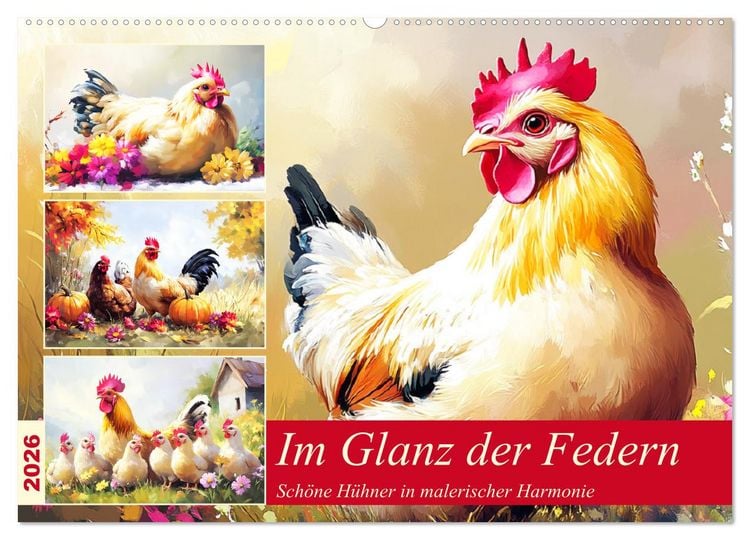 Produktbild: Im Glanz der Federn. Sch&ouml;ne H&uuml;hner in malerischer Harmonie (Wandkalender 2026 DIN A2 quer), CALVENDO Monatskalender