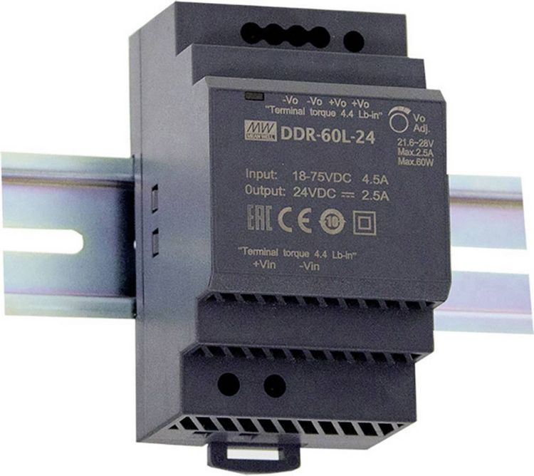 Produktbild: MEAN WELL DDR-60L-24 Hutschienen-DC/DC-Wandler (DIN-Rail) 24 V/DC 2.5 A 60 W Anzahl Ausg&auml;nge:1 x Inhalt 1 St.