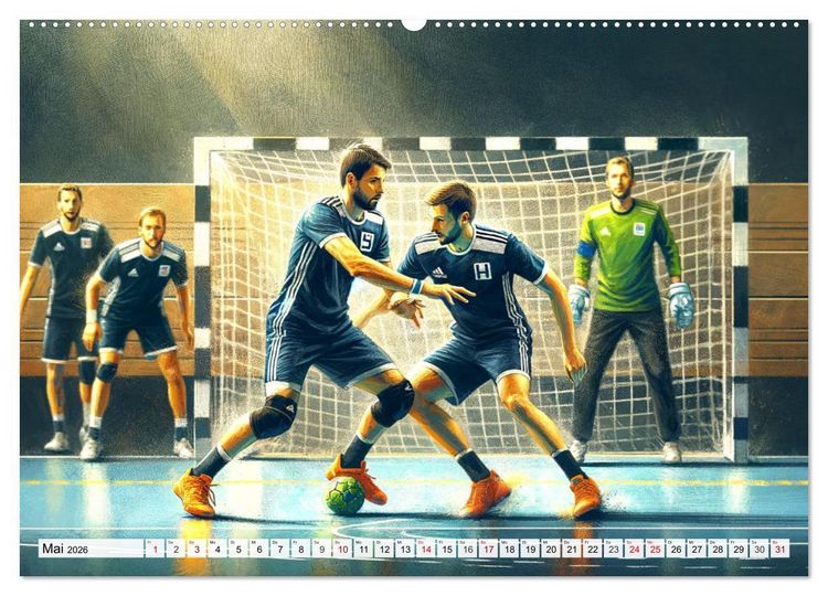 Produktbild: Handball Impressionismus, K&uuml;nstlerische Handballaktionen im KI-Pinselstrich (hochwertiger Premium Wandkalender 2026 DIN A2 quer), Kunstdruck in Hochglanz