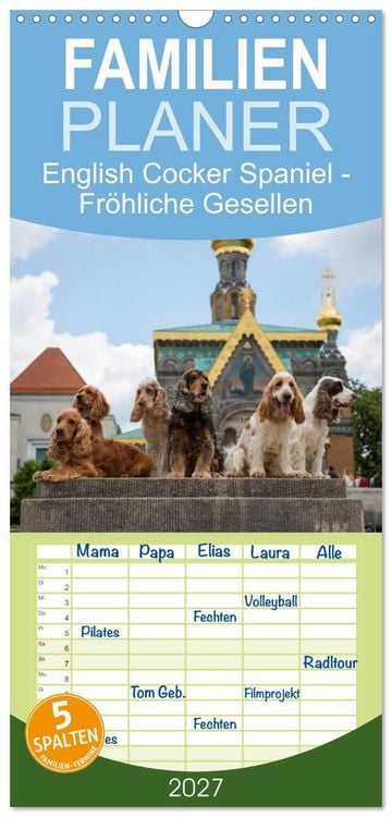 Produktbild: Familienplaner 2027 - English Cocker Spaniel - Fr&ouml;hliche Gesellen mit 5 Spalten (Wandkalender, 21 x 45 cm) CALVENDO