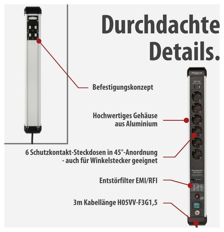 Produktbild: Brennenstuhl 1391010620 &Uuml;berspannungsschutz-Steckdosenleiste Silber, Schwarz Schutzkontakt 1 St.