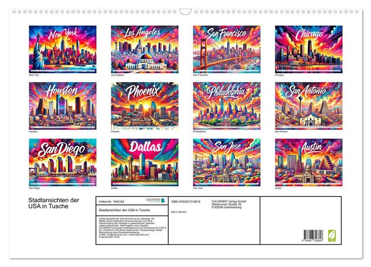 Produktbild: Stadtansichten der USA in Tusche (Wandkalender 2026 DIN A2 quer), CALVENDO Monatskalender