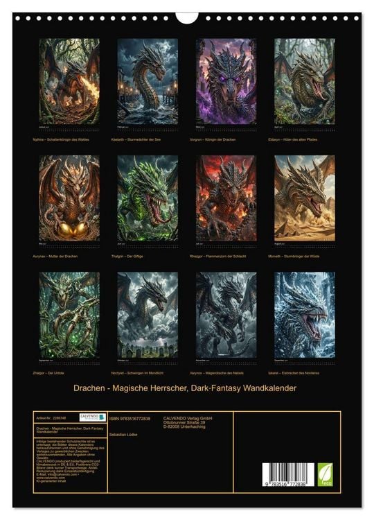 Produktbild: Drachen - Magische Herrscher, Dark‑Fantasy Wandkalender (Wandkalender 2027 DIN A3 hoch), CALVENDO Monatskalender