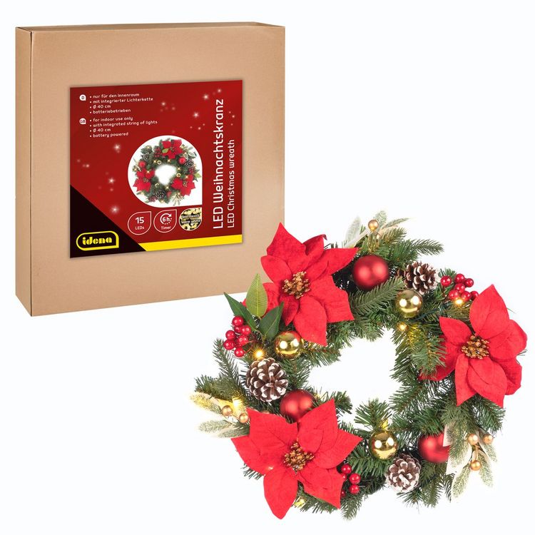 Produktbild: Idena Weihnachtskranz 15 LED 6h Timer &Oslash;40cm batteriebetrieben warmwei&szlig; f&uuml;r Innen