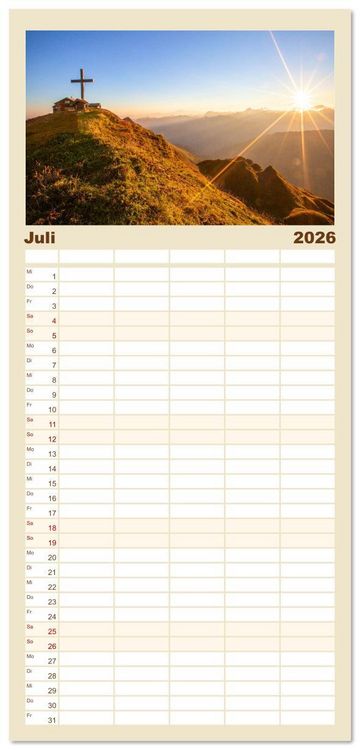 Produktbild: Familienplaner 2026 - Gipfelkreuze im Sonnenlicht mit 5 Spalten (Wandkalender, 21 x 45 cm) CALVENDO