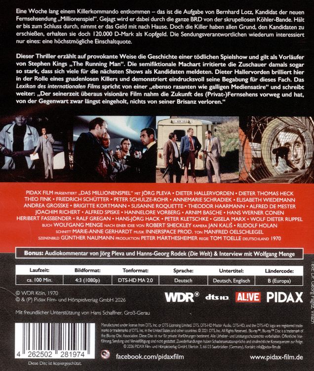 Produktbild: Das Millionenspiel / Vision&auml;rer Kult-Thriller mit Dieter Hallervorden und Dieter Thomas Heck (Pidax Film-Klassiker)