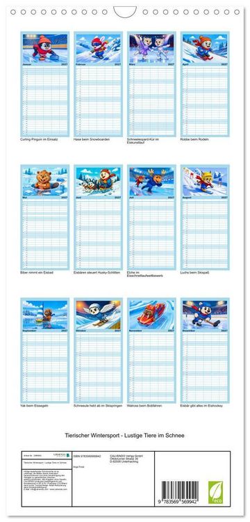 Produktbild: Familienplaner 2027 - Tierischer Wintersport - Lustige Tiere im Schnee mit 5 Spalten (Wandkalender, 21 x 45 cm) CALVENDO