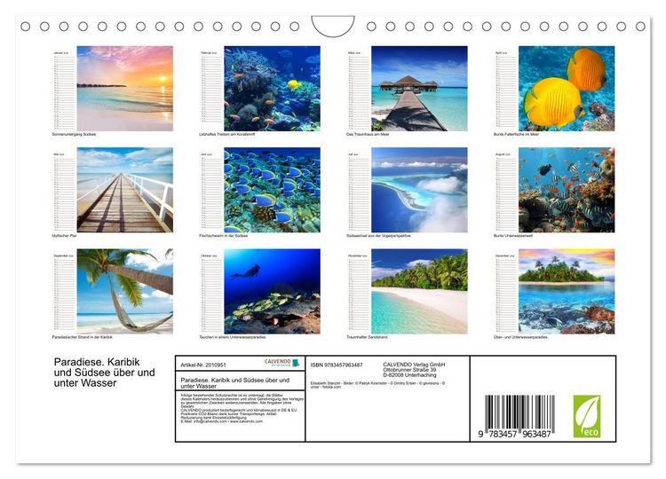 Produktbild: Paradiese. Karibik und S&uuml;dsee &uuml;ber und unter Wasser (Wandkalender 2026 DIN A4 quer), CALVENDO Monatskalender