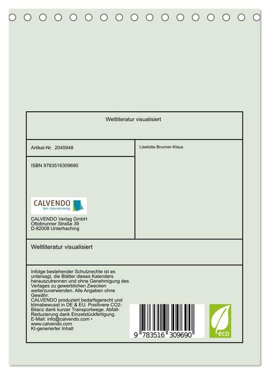 Produktbild: Weltliteratur visualisiert (Tischkalender 2026 DIN A5 hoch), CALVENDO Monatskalender