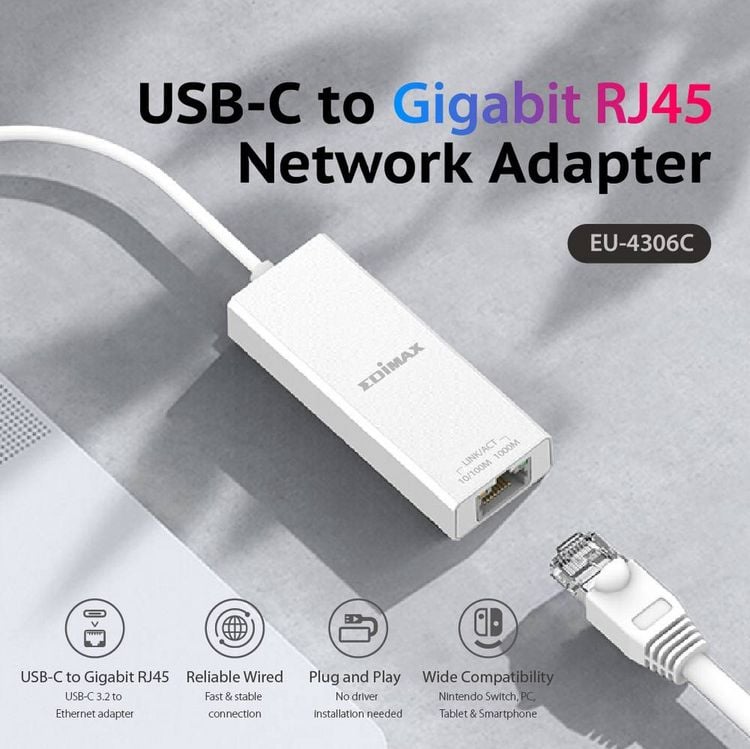 Produktbild: EDIMAX EU-4306C Netzwerkadapter 10 / 100 / 1000 MBit/s USB-C&reg;, RJ45