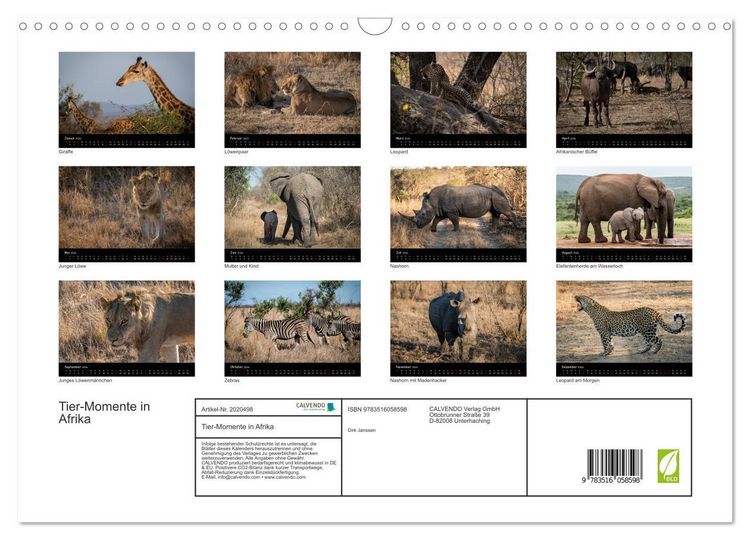 Produktbild: Tier-Momente in Afrika (Wandkalender 2026 DIN A3 quer), CALVENDO Monatskalender
