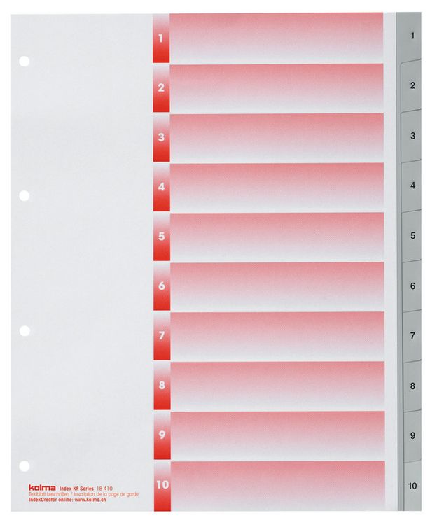 Produktbild: KOLMA&reg; Register KolmaFlex XL Vollformat &uuml;berbreit grau, mit Indexblatt, A4 1-10 10teilig 4 Loch