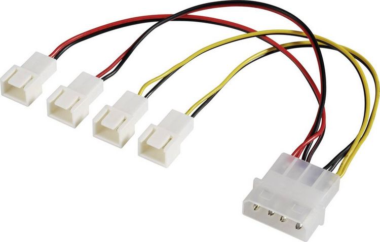 Produktbild: PC-L&uuml;fter Y-Kabel [4x PC-L&uuml;fter Stecker 3pol. - 1x IDE-Strom-Stecker 4pol.] 0.15 m Schwarz, Rot, Gelb Akasa