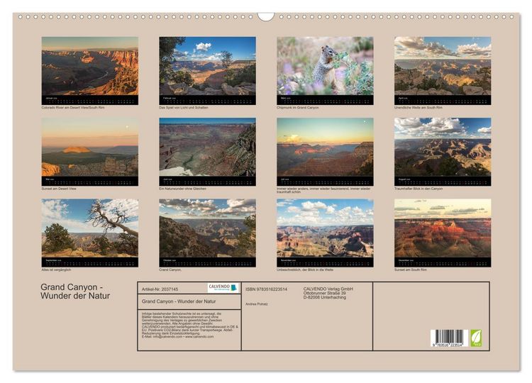 Produktbild: Grand Canyon - Wunder der Natur (Wandkalender 2026 DIN A2 quer), CALVENDO Monatskalender
