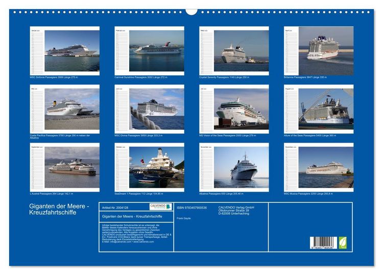Produktbild: Giganten der Meere - Kreuzfahrtschiffe (Wandkalender 2026 DIN A2 quer), CALVENDO Monatskalender