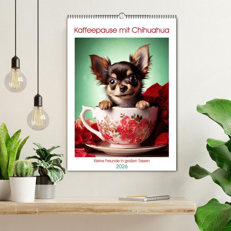 Produktbild: Kaffeepause mit Chihuahua - Kleine Freunde in gro&szlig;en Tassen (Wandkalender 2026 DIN A2 hoch), CALVENDO Monatskalender