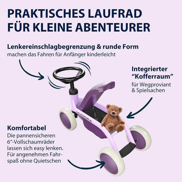 Produktbild: HUDORA 10916 - Laufrad Steppy 6 lavender, Lauflernrad f&uuml;r Kinder von 73-80 cm, Sitzh&ouml;he: 22,5 cm