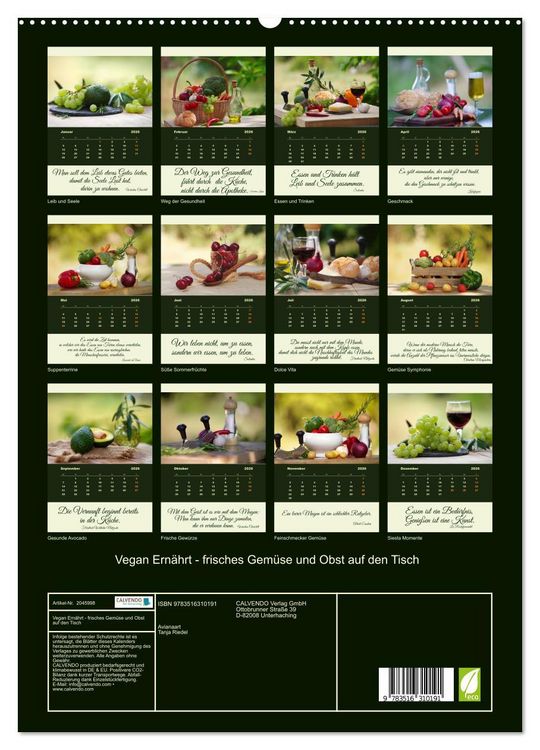 Produktbild: Vegan Ern&auml;hrt - frisches Gem&uuml;se und Obst auf den Tisch (hochwertiger Premium Wandkalender 2026 DIN A2 hoch), Kunstdruck in Hochglanz