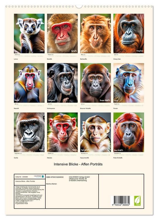 Produktbild: Intensive Blicke - Affen Portr&auml;ts (hochwertiger Premium Wandkalender 2026 DIN A2 hoch), Kunstdruck in Hochglanz