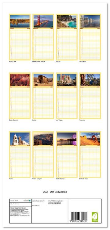 Produktbild: Familienplaner 2026 - USA - Der S&uuml;dwesten mit 5 Spalten (Wandkalender, 21 x 45 cm) CALVENDO