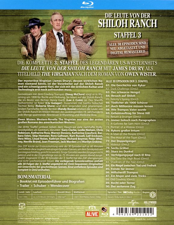 Produktbild: Die Leute von der Shiloh Ranch - Staffel 3 (HD-Remastered) (The Virginian: Extended Edition) (Fernsehjuwelen) [6 BRs]