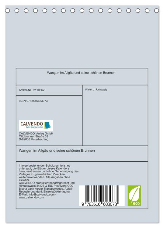 Produktbild: Wangen im Allg&auml;u und seine sch&ouml;nen Brunnen (Tischkalender 2026 DIN A5 hoch), CALVENDO Monatskalender