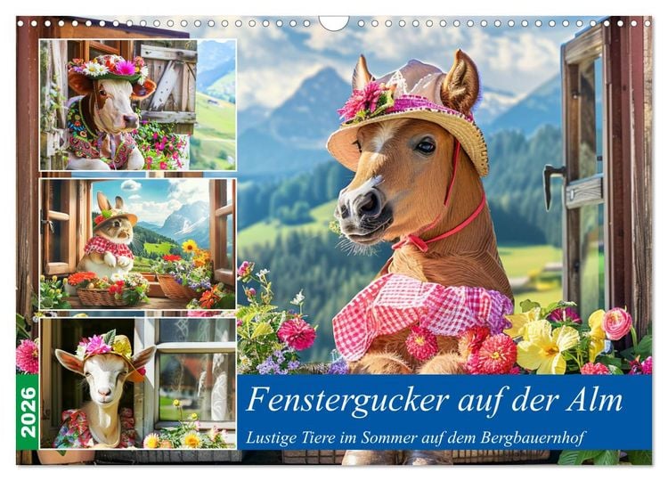 Produktbild: Fenstergucker auf der Alm. Lustige Tiere im Sommer auf dem Bergbauernhof (Wandkalender 2026 DIN A3 quer), CALVENDO Monatskalender
