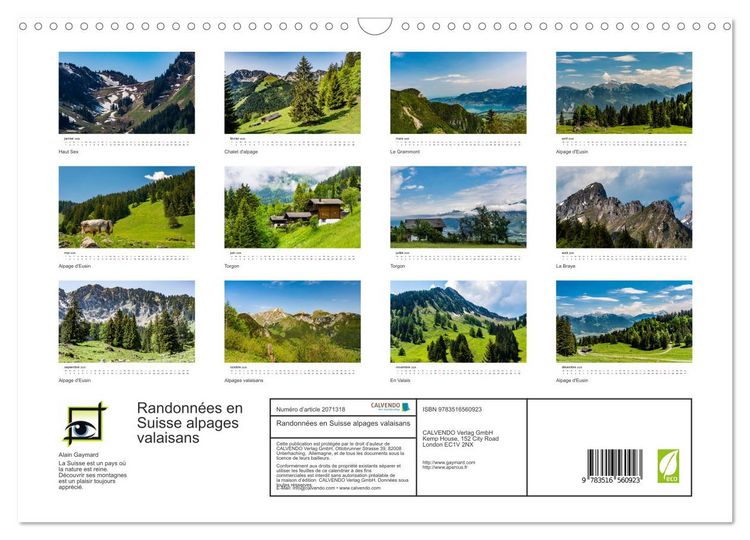Produktbild: Randonn&eacute;es en Suisse alpages valaisans (Calendrier mural 2026 DIN A3 vertical), CALVENDO calendrier mensuel