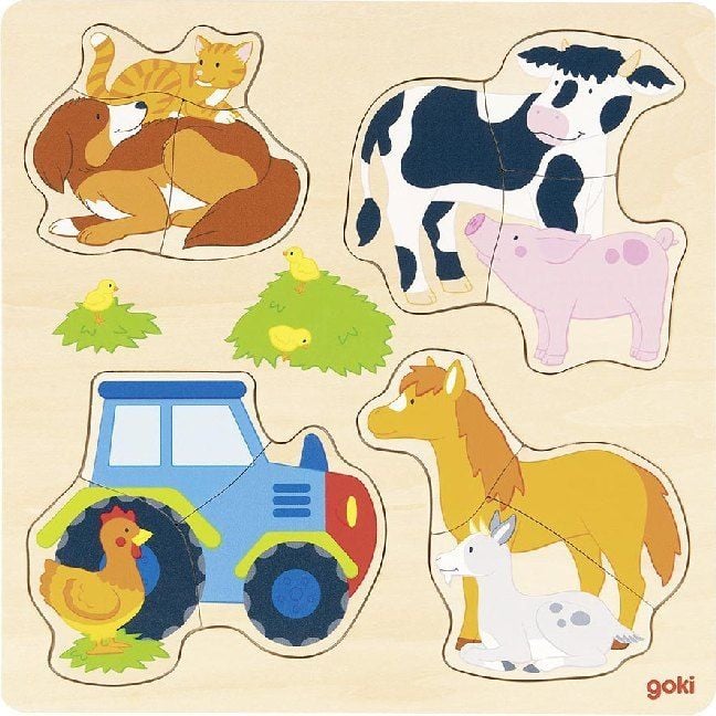 Produktbild: Goki 57430 - Einlegepuzzle Bauernhoftiere, 12-teilig, Holz, 27x27cm