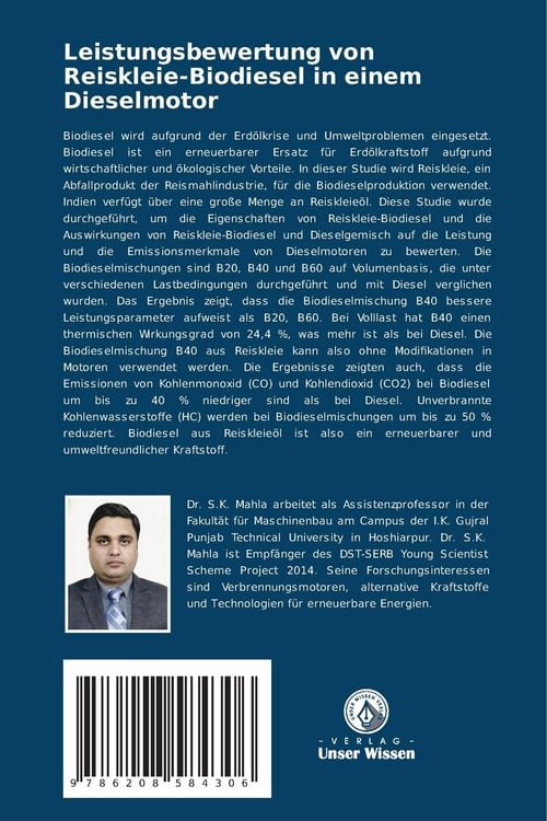 Produktbild: Leistungsbewertung von Reiskleie-Biodiesel in einem Dieselmotor