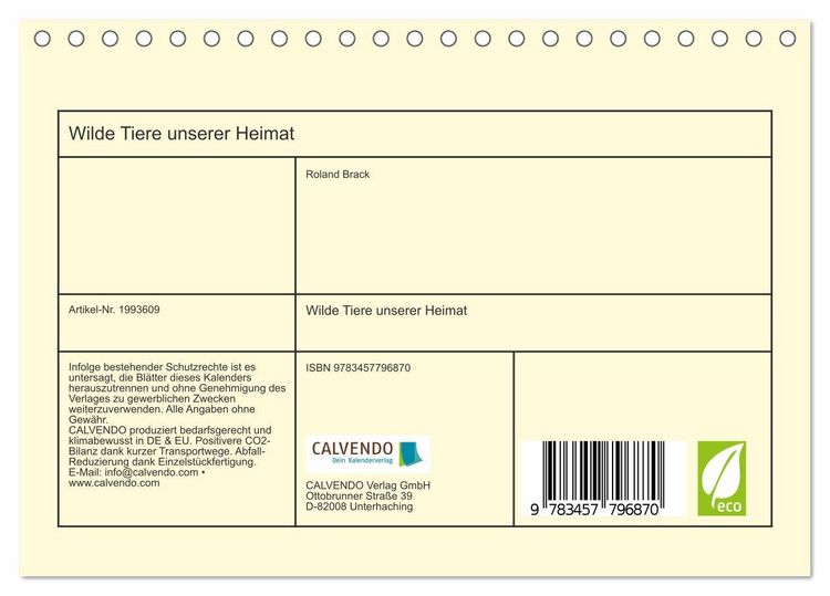 Produktbild: Wilde Tiere unserer Heimat (Tischkalender 2026 DIN A5 quer), CALVENDO Monatskalender
