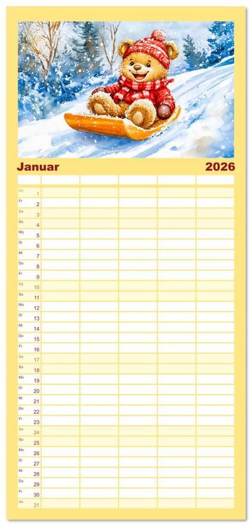 Produktbild: Familienplaner 2026 - Teddy auf dem Bauernhof - Entdecke das Landleben mit Tieren und Feldern mit 5 Spalten (Wandkalender, 21 x 45 cm) CALVENDO