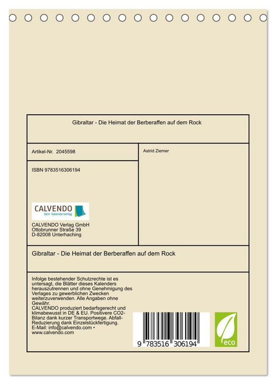 Produktbild: Gibraltar - Die Heimat der Berberaffen auf dem Rock (Tischkalender 2026 DIN A5 hoch), CALVENDO Monatskalender