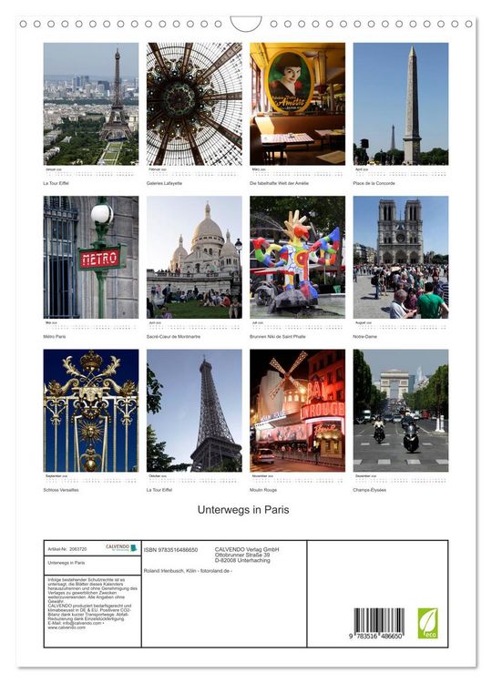 Produktbild: Unterwegs in Paris (Wandkalender 2026 DIN A3 hoch), CALVENDO Monatskalender