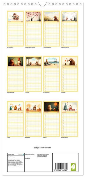 Produktbild: Familienplaner 2026 - B&auml;rige Illustrationen mit 5 Spalten (Wandkalender, 21 x 45 cm) CALVENDO