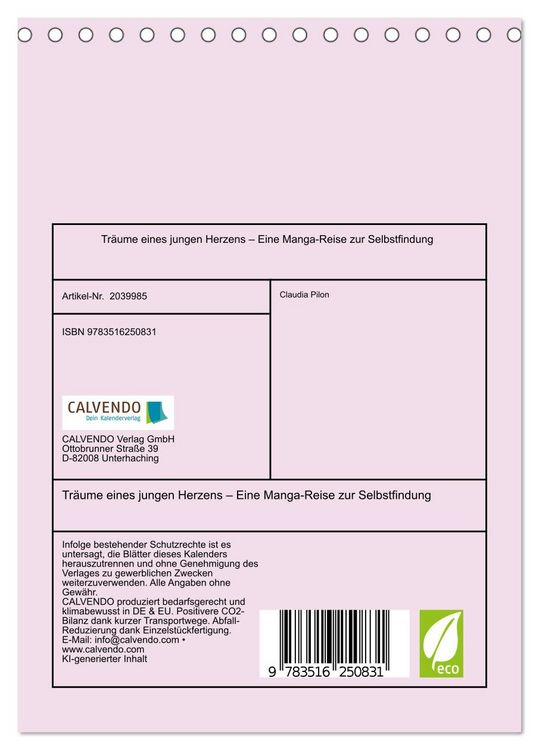 Produktbild: Tr&auml;ume eines jungen Herzens &ndash; Eine Manga-Reise zur Selbstfindung (Tischkalender 2026 DIN A5 hoch), CALVENDO Monatskalender