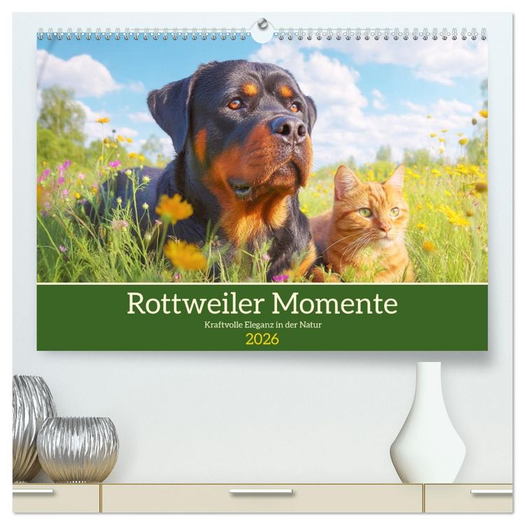 Produktbild: Rottweiler Momente. Kraftvolle Eleganz in der Natur (hochwertiger Premium Wandkalender 2026 DIN A2 quer), Kunstdruck in Hochglanz