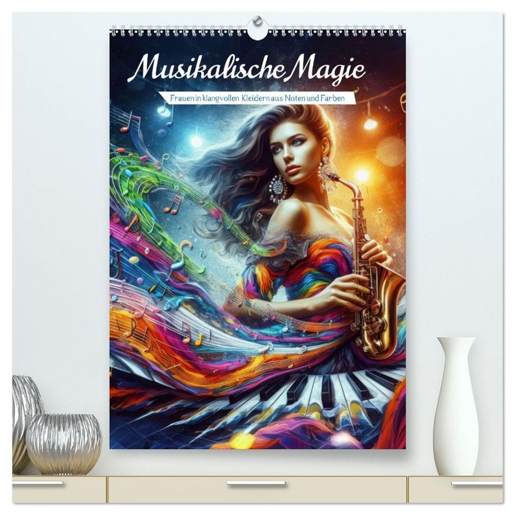 Produktbild: Musikalische Magie &ndash; Frauen in klangvollen Kleidern aus Noten und Farbe (hochwertiger Premium Wandkalender 2026 DIN A2 hoch), Kunstdruck in Hochglanz