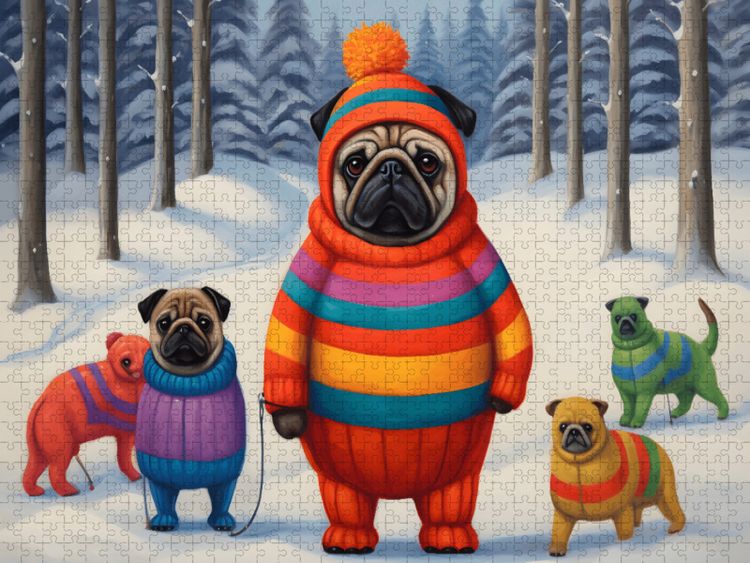 Produktbild: CALVENDO Puzzle Winterlich angezogene Hunde spazieren durch den Wald im Schnee | 1000 Teile Lege-Gr&ouml;&szlig;e 64x48cm Foto-Puzzle f&uuml;r gl&uuml;ckliche Stunden