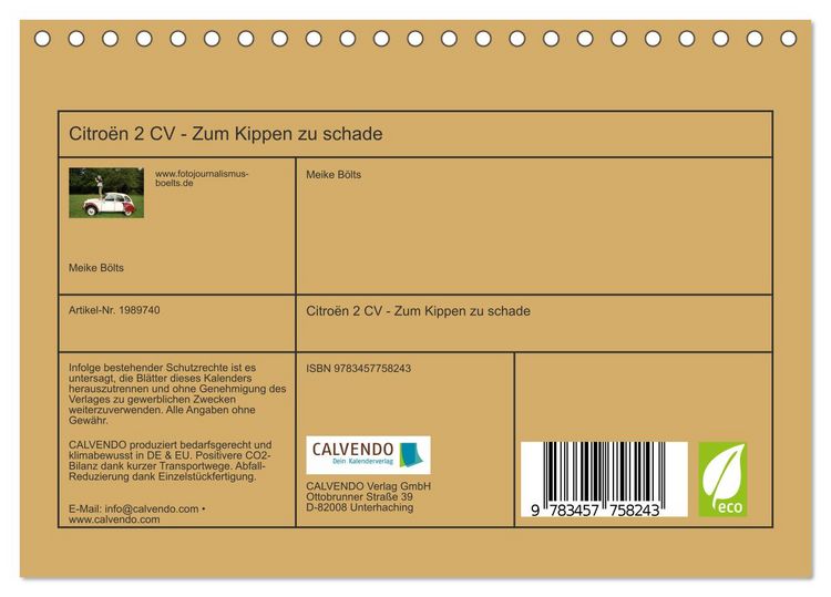 Produktbild: Citro&euml;n 2 CV - Zum Kippen zu schade (Tischkalender 2026 DIN A5 quer), CALVENDO Monatskalender