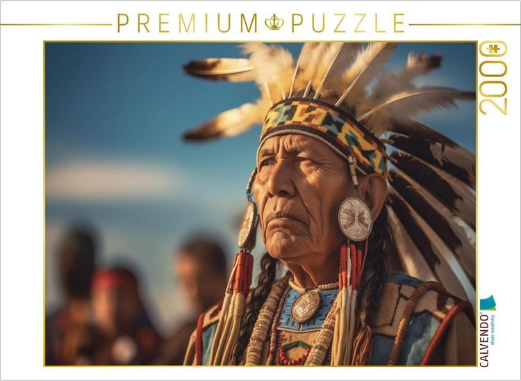 Produktbild: CALVENDO Puzzle Ehrenvolle Pracht: Stolzer Indianer-H&auml;uptling im Federschmuck | 2000 Teile Lege-Gr&ouml;&szlig;e 90x67cm Foto-Puzzle f&uuml;r gl&uuml;ckliche Stunden