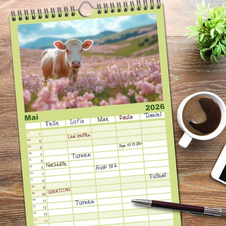 Produktbild: Familienplaner 2026 - K&Uuml;HE AUF DER ALM &ndash; Der Kalender aus Bayern mit 5 Spalten (Wandkalender, 21 x 45 cm) CALVENDO
