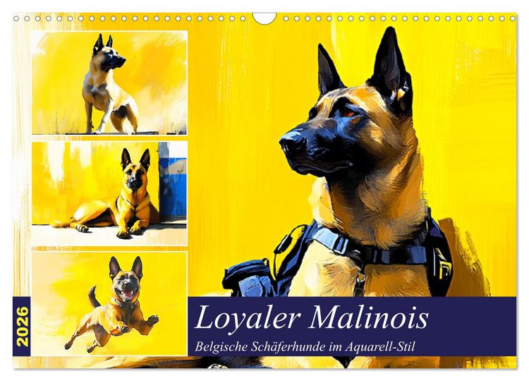Produktbild: Loyaler Malinois. Belgische Sch&auml;ferhunde im Aquarell-Stil (Wandkalender 2026 DIN A3 quer), CALVENDO Monatskalender