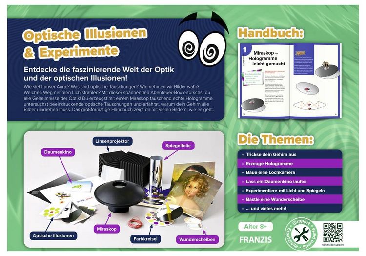 Produktbild: FRANZIS 67230 - Optische Illusionen und Experimente - Erzeuge faszinierende Hologramme mit dem Miraskop und vieles mehr! F&uuml;r Kinder ab 8 Jahren