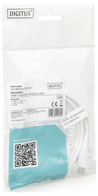 Produktbild: Digitus USB-C&reg; Kabel USB 2.0 USB-C&reg; Stecker 1.00m Wei&szlig; (matt) exzellente Alterungseigenschaften, Flexibel, flexibler Innenleiter