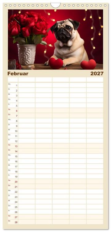 Produktbild: Familienplaner 2027 - Lustige Mops-Hunde: Die charmanten Meister von Chaos und Unfug mit 5 Spalten (Wandkalender, 21 x 45 cm) CALVENDO