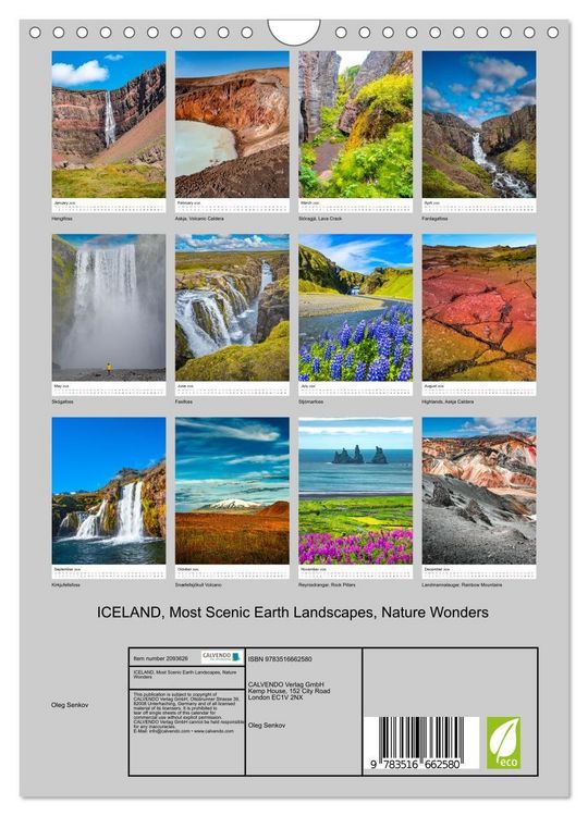Produktbild: ICELAND, Most Scenic Earth Landscapes, Nature Wonders (Wall Calendar 2026 DIN A4 portrait), CALVENDO 12 Month Wall Calendar