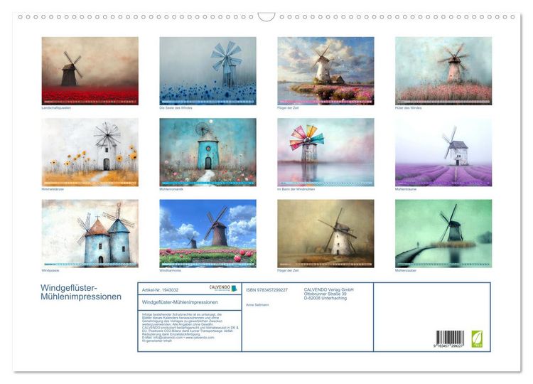 Produktbild: Windgefl&uuml;ster-M&uuml;hlenimpressionen (Wandkalender 2026 DIN A2 quer), CALVENDO Monatskalender