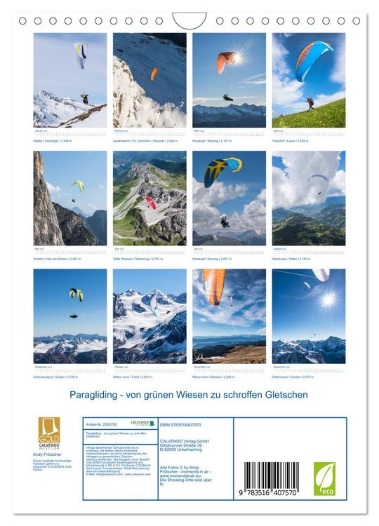 Produktbild: Paragliding - von gr&uuml;nen Wiesen zu schroffen Gletschen (Wandkalender 2026 DIN A4 hoch), CALVENDO Monatskalender